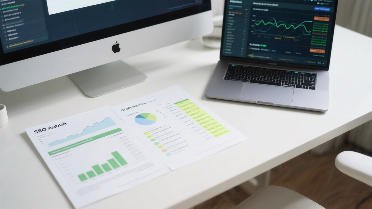 Printed SEO audit report with charts, a highlighted priority list, and a laptop showing a crawl summary, arranged neatly on a desk.