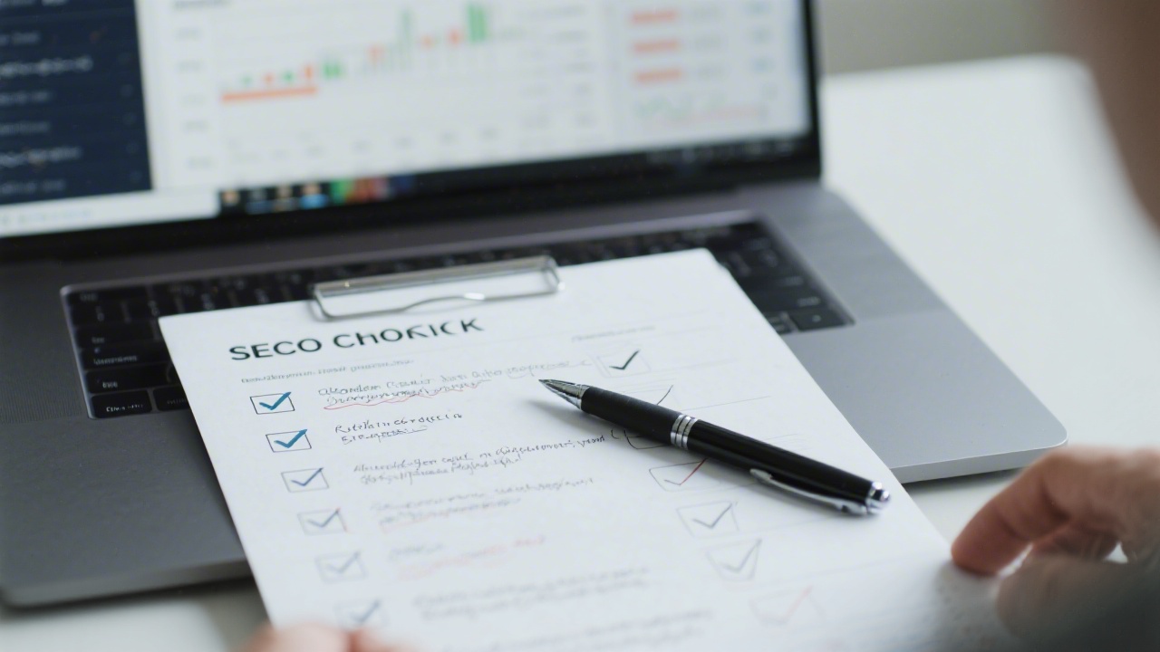 Close-up of a printed SEO checklist with ticks and notes, a pen placed on top, and a laptop in the background showing a site crawl report.