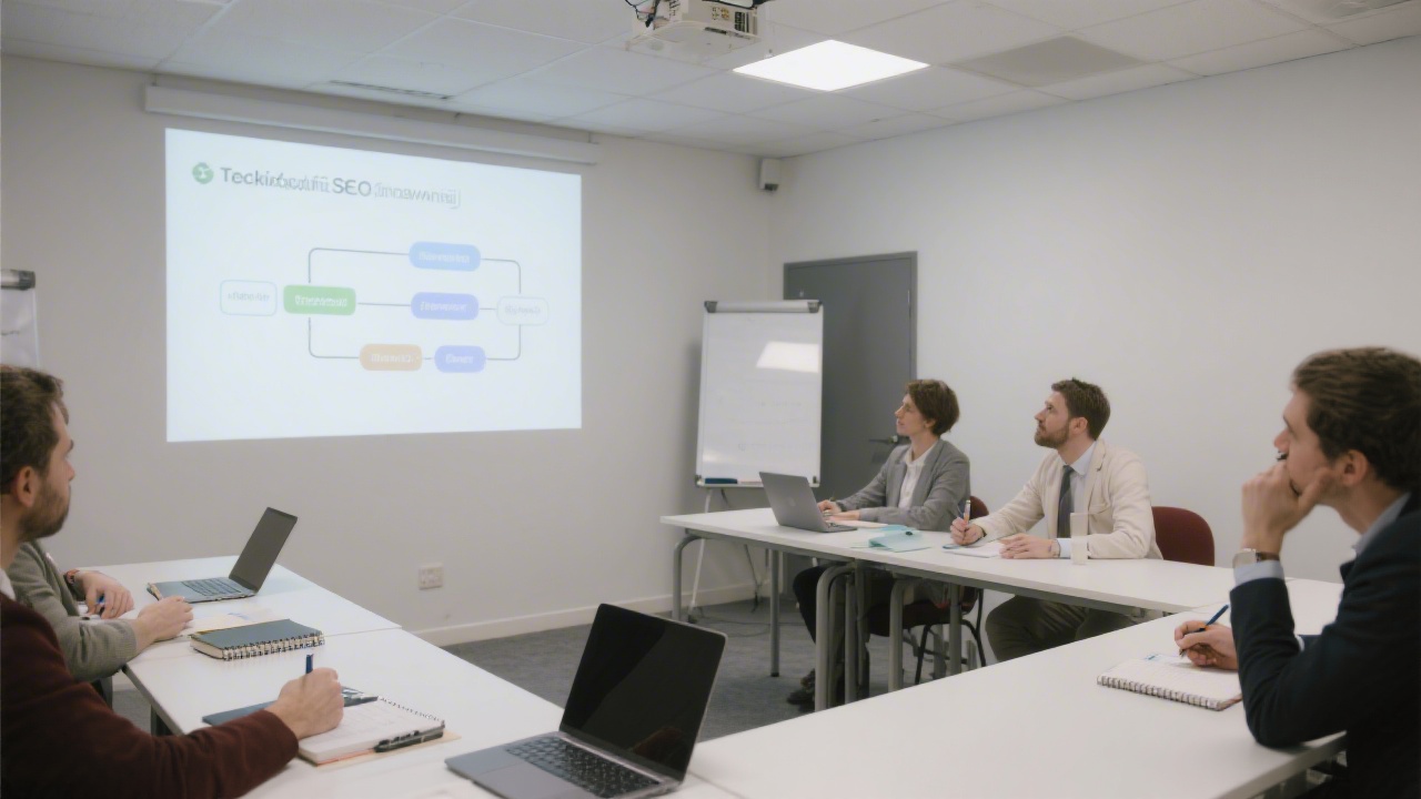 Small training room with a projector displaying a technical SEO workflow diagram, attendees taking notes, and a clean table setup with notebooks and laptops.
