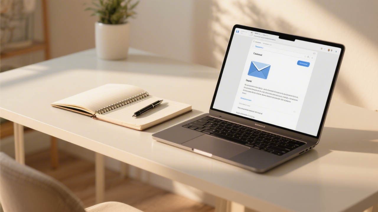 Neat contact desk with a notebook, pen, and a laptop open to an email draft, warm daylight lighting creating a professional and inviting atmosphere.