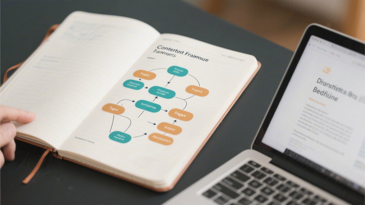 Open notebook displaying a content framework diagram with topic clusters, supporting pages, and internal linking arrows, next to a laptop with a draft brief.