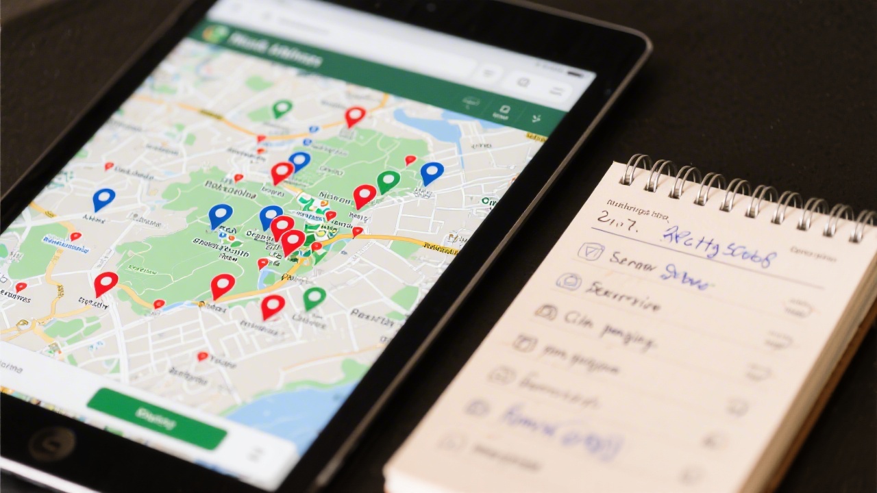 Tablet displaying a local business map view with multiple Irish locations pinned, alongside a notebook listing city-based service pages and notes.