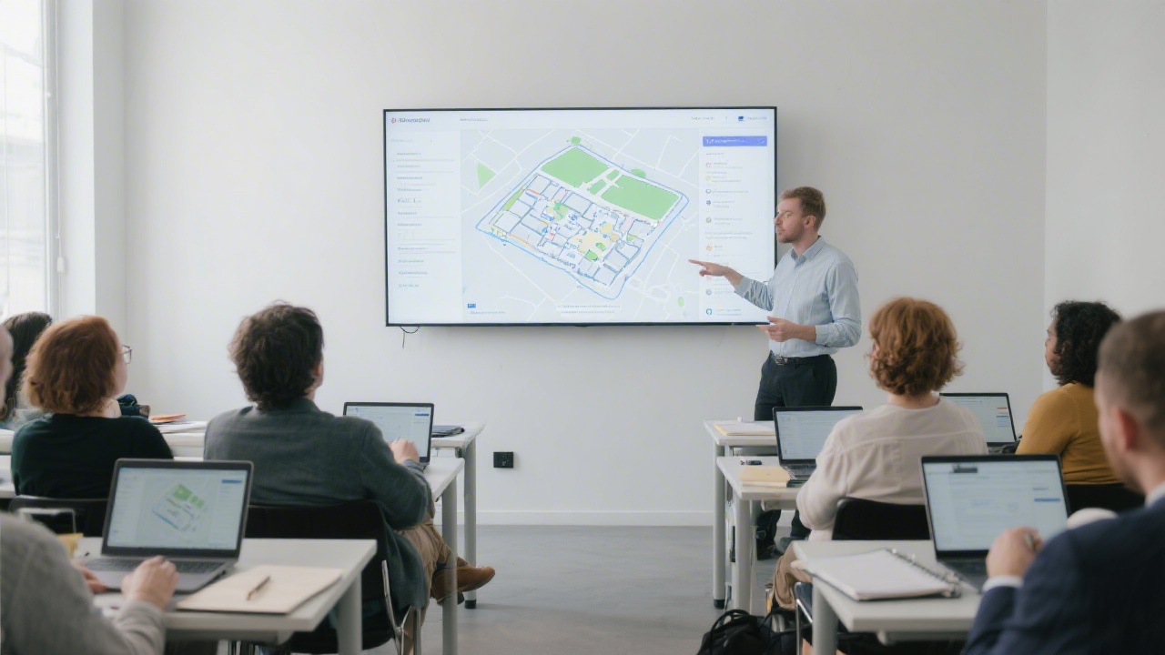 Workshop session with a presenter explaining a site architecture map on a large screen, attendees seated with laptops and notepads in a clean training space.